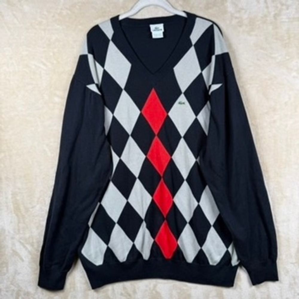 Lacoste Mens Size 8 XL Argyle V-Neck Sweater Black Grey Red Cotton Preppy Retro